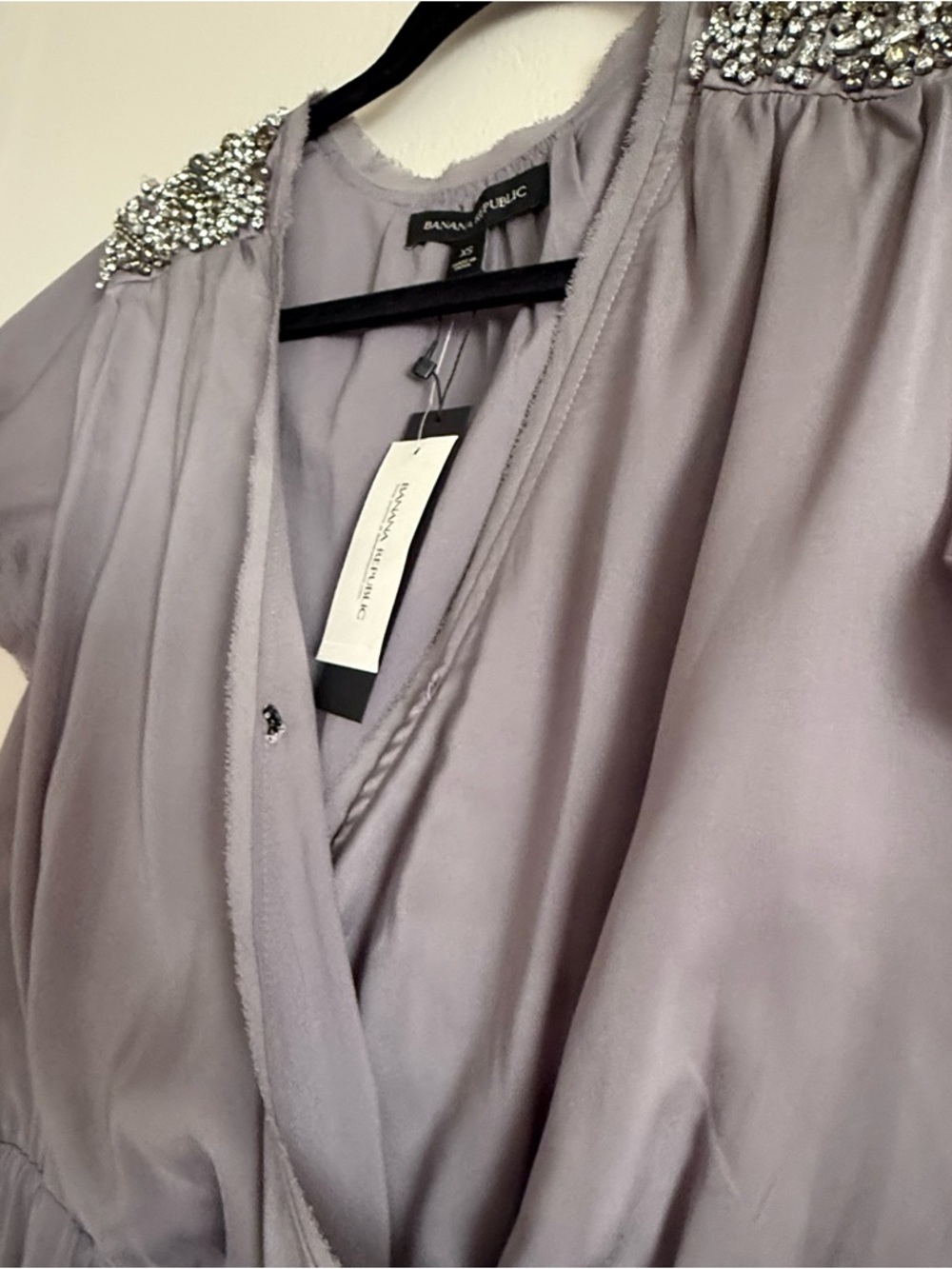 Banana Republic Embellished Shoulder Short Sleeve Wrap Dress in Purplish Gray - Picture 3 of 9